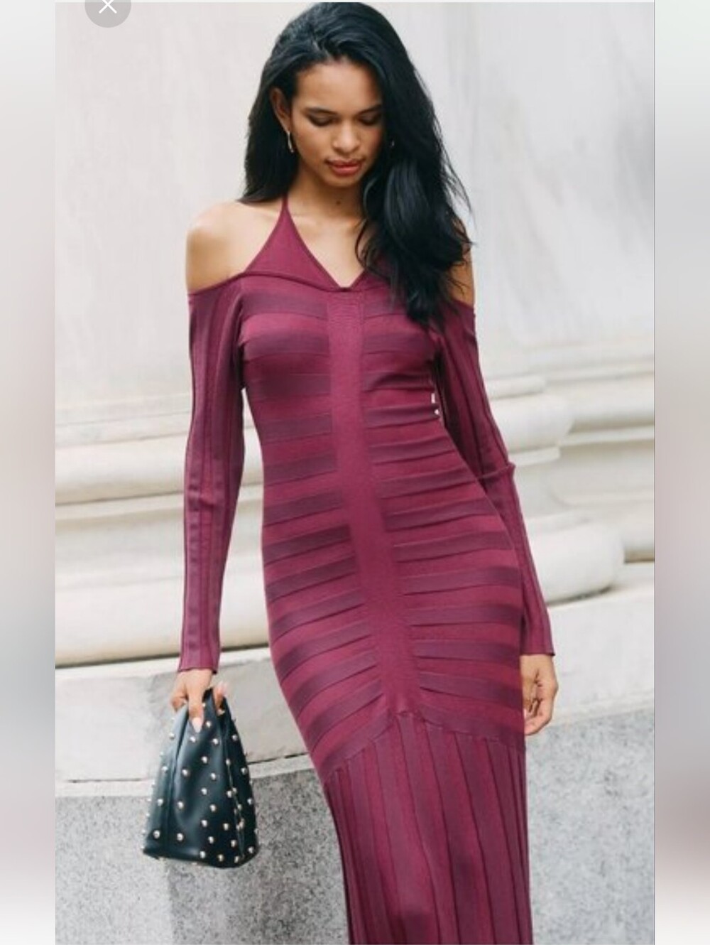 Anthropologie Cold Shoulder Knit Maxi Dress Wine Sweater Dress Pleated Halter - Picture 4 of 16